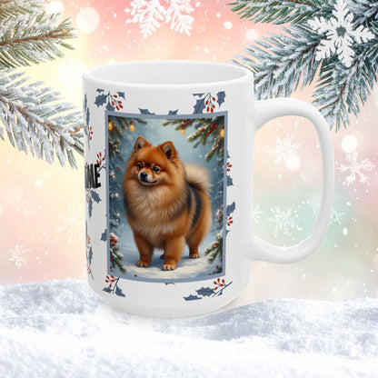 Pomeranian (Orange Sable) Winter Mug - orange sable pomeranian illustrated standing in a winter scene with pine trees