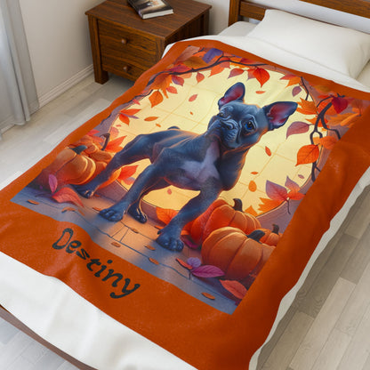 French Bulldog (Blue) Velveteen Blanket - Custom plush dog throw, cozy French Bulldog gift for dog lovers