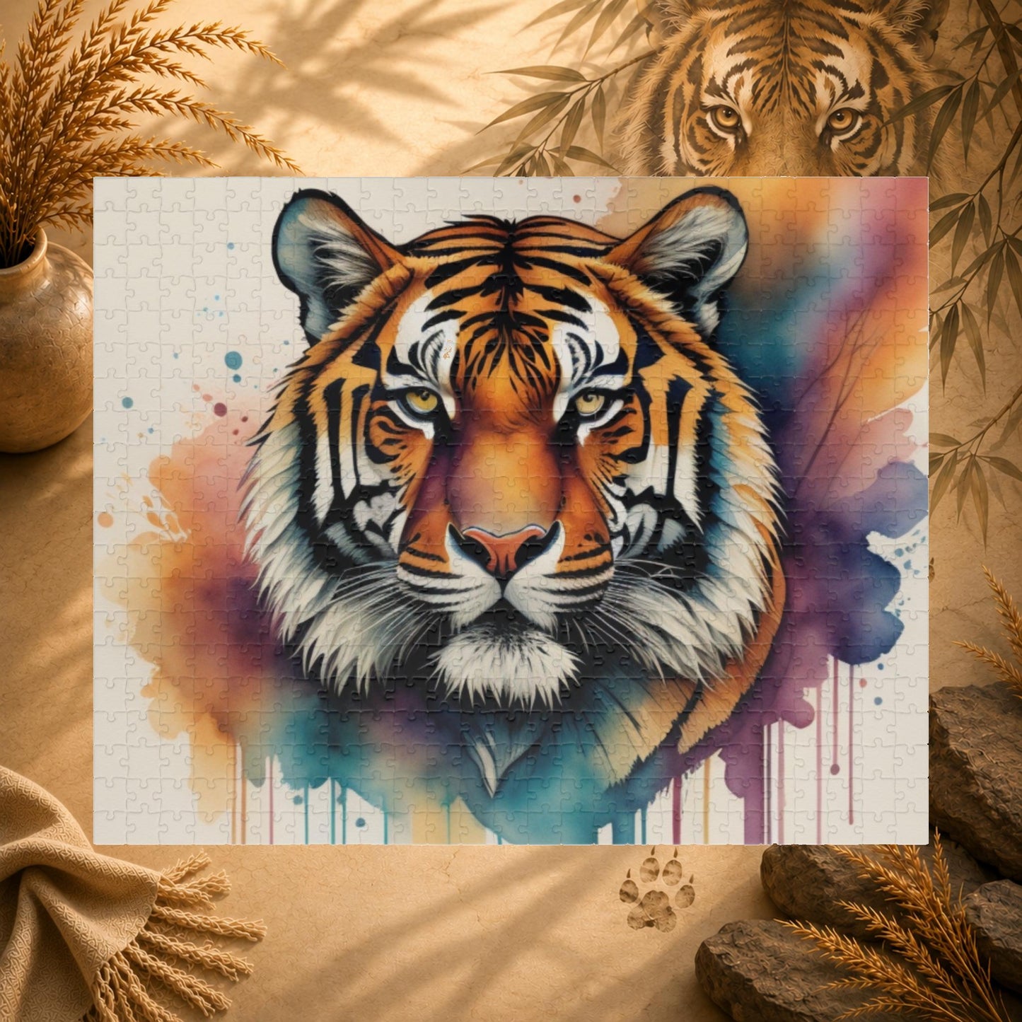 Stalking Serenity - Watercolor Tiger Puzzle with Peach, Purple, and Teal Washes on White