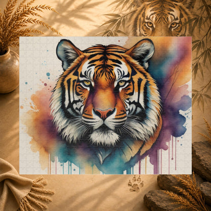 Stalking Serenity - Watercolor Tiger Puzzle with Peach, Purple, and Teal Washes on White