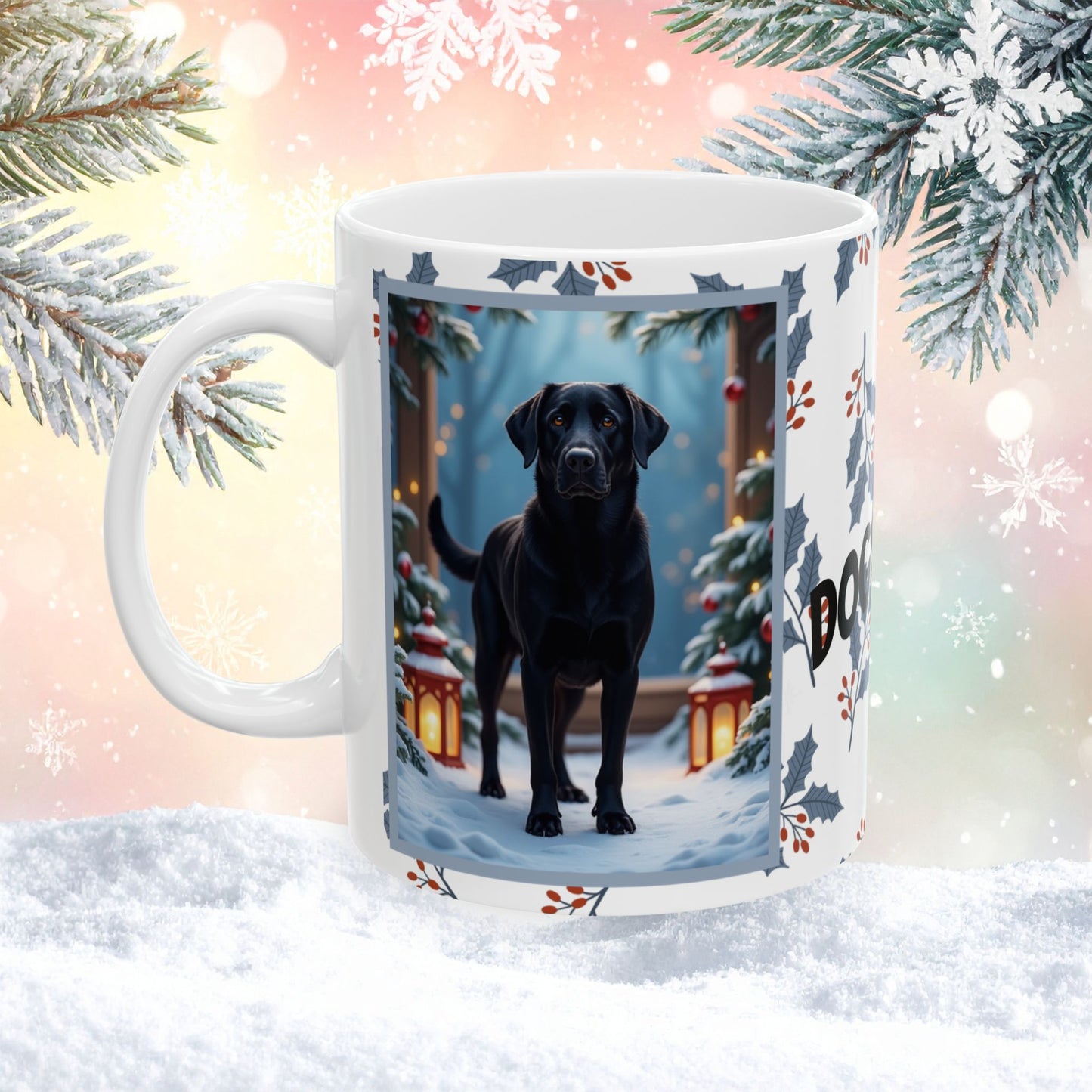 Labrador Retriever (Black) Winter Mug - black labrador retriever illustrated standing in a winter scene with snow-covered ground