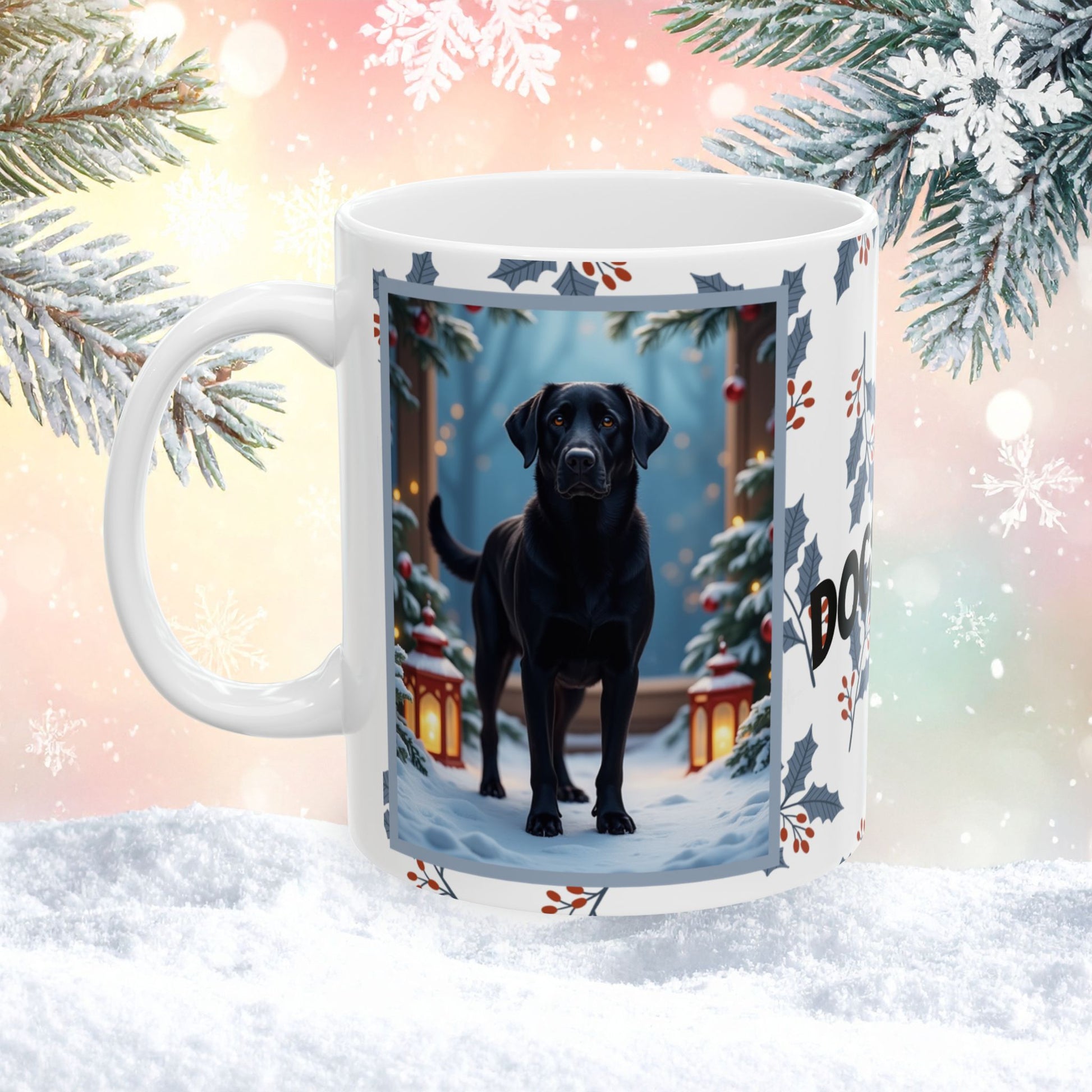 Labrador Retriever (Black) Winter Mug - black labrador retriever illustrated standing in a winter scene with snow-covered ground