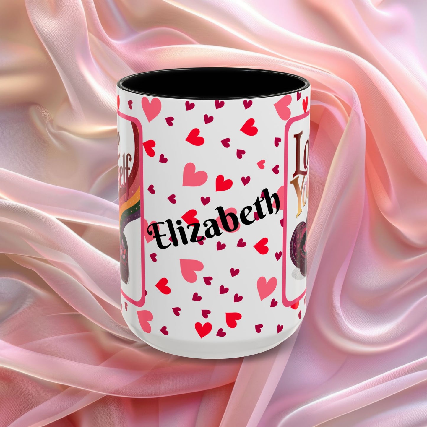 Love Yourself Valentines mug featuring self love message, Valentine themed ceramic coffee cup