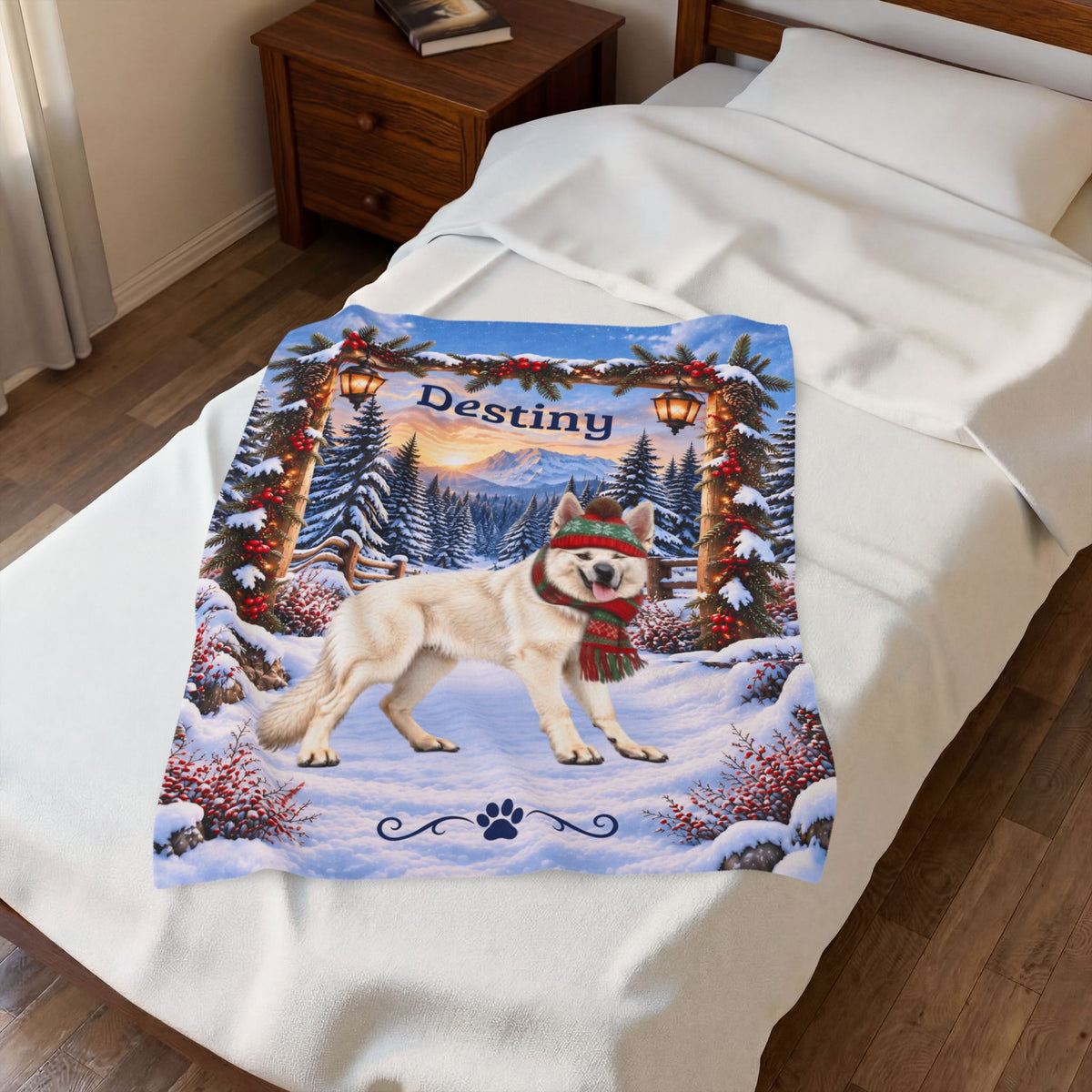 German Shepherd (White Coat) - Personalized Winter Forest Blanket, Custom Name Velveteen Throw - MySisterIsAsurvor