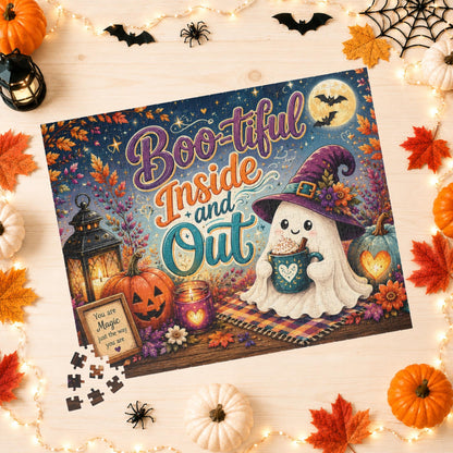 Boo-tiful Inside and Out Halloween Puzzle - Ghost with Heart Mug, Lantern, and You Are Magic Sign