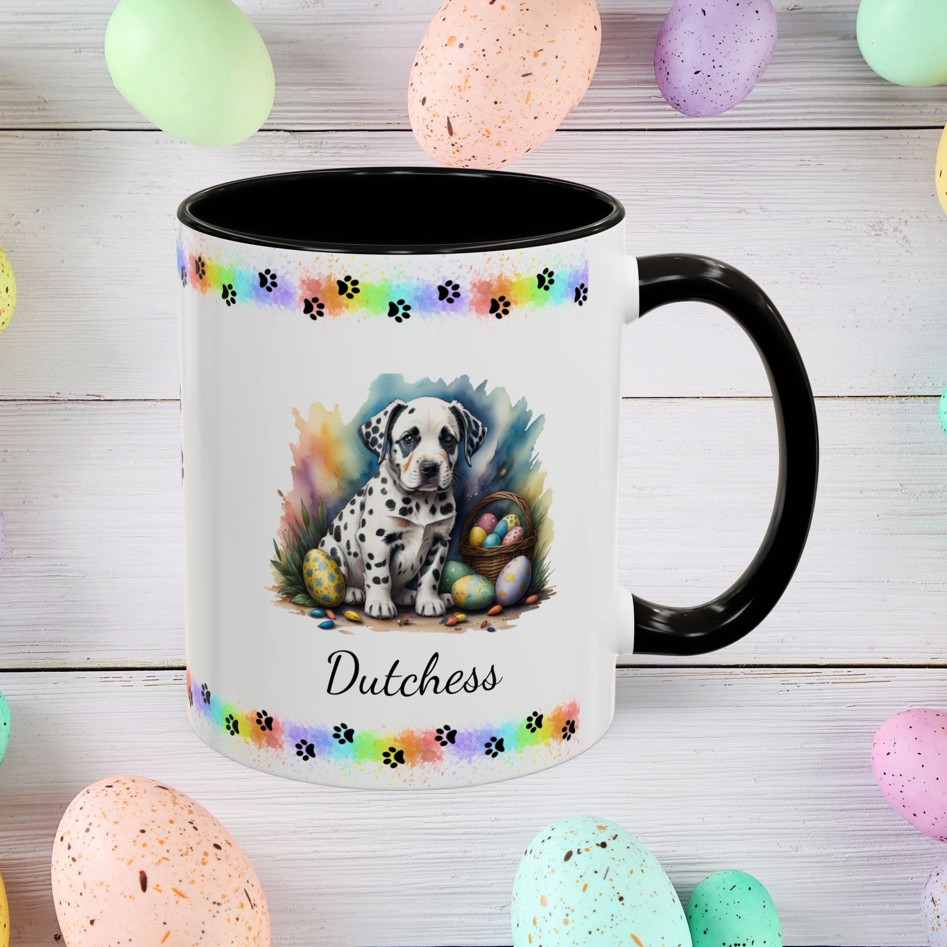 Dalmatian: Personalized Easter Puppy Coffee Mug - Adorable Dog Design, Mental Health Gift, 11oz & 15oz, 12 Color Choices, Easter Gifts & Décor
