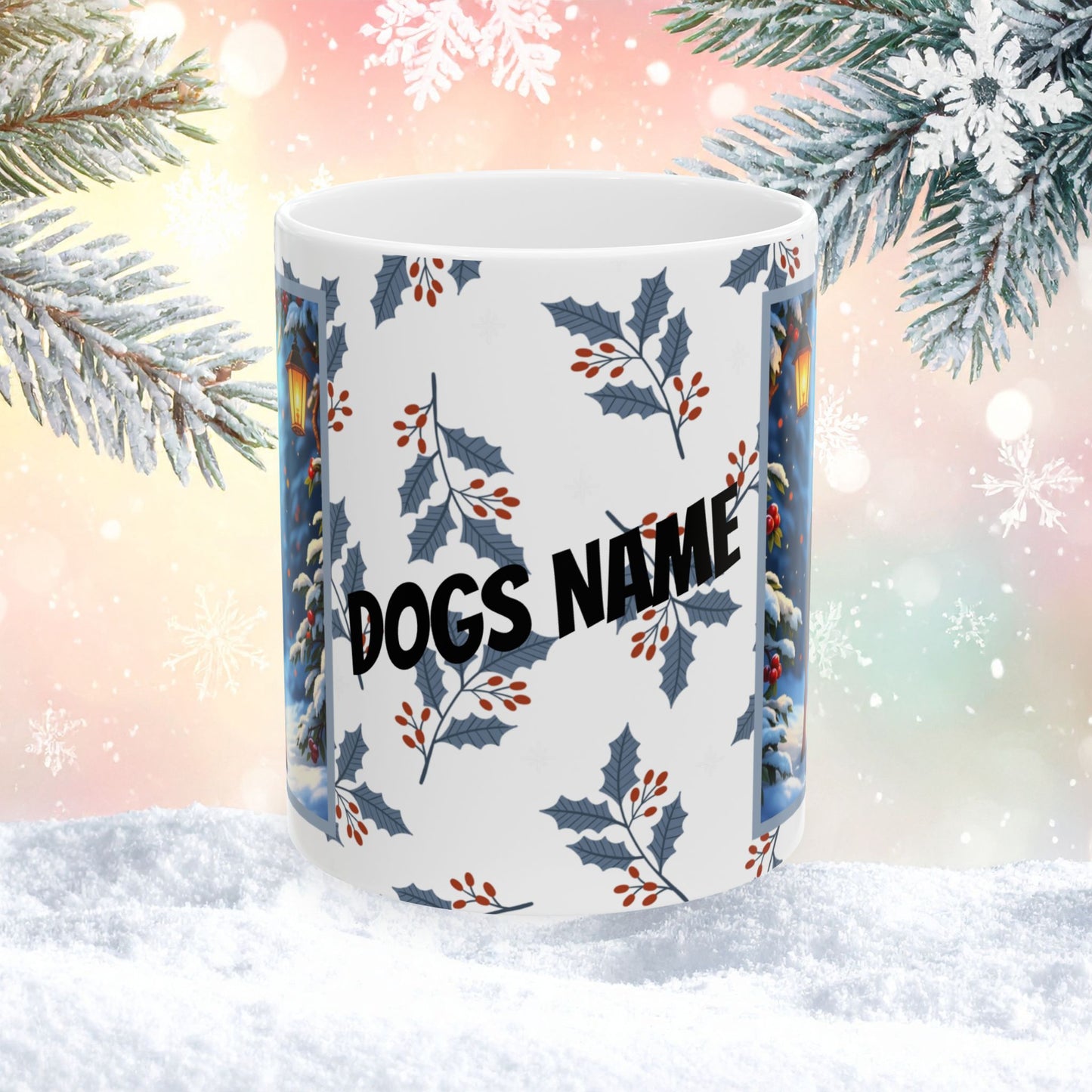 Doberman (Black & Rust) Winter Mug - black and rust Doberman illustrated standing proudly in a snowy winter scene with pine branches