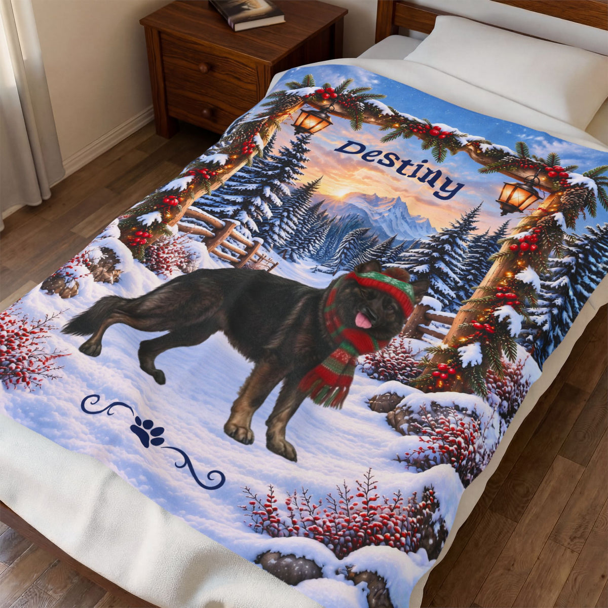 German Shepherd (Dark Sable) - Personalized Winter Lodge Blanket, Custom Name Velveteen Throw - MySisterIsAsurvor