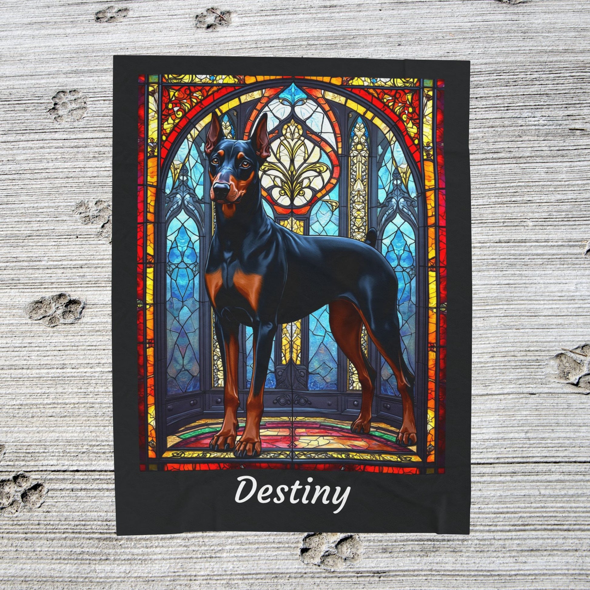 Doberman black and rust velveteen blanket, stained glass dog throw, personalized pet lover gift - MySisterIsASurvivor