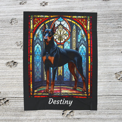 Doberman black and rust velveteen blanket, stained glass dog throw, personalized pet lover gift - MySisterIsASurvivor