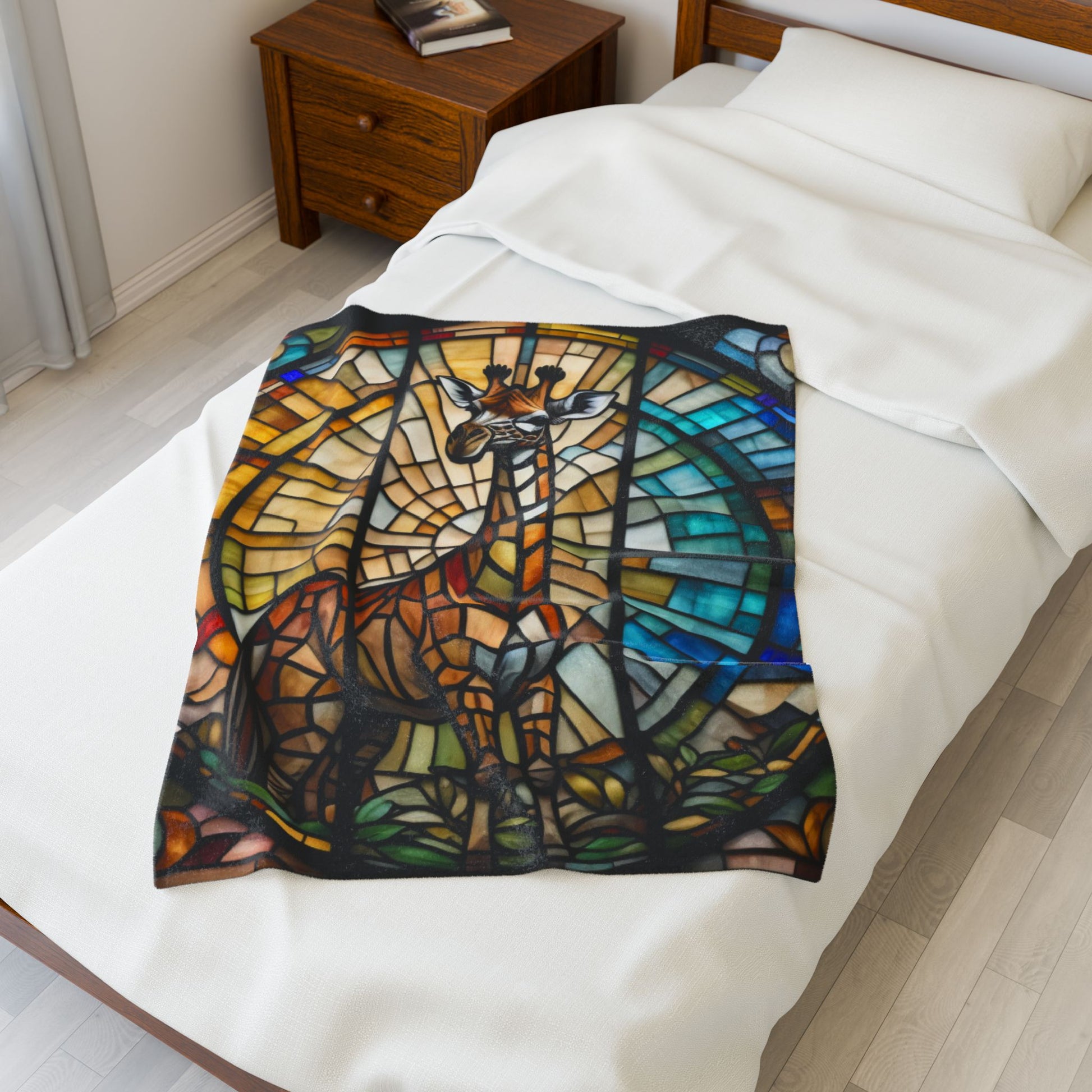 A vibrant giraffe blanket with stained glass-style art that celebrates nature and comfort.