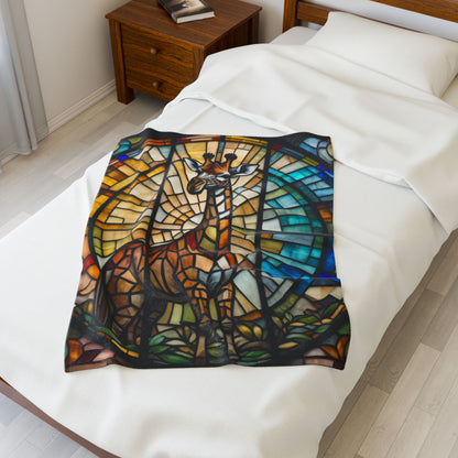 A vibrant giraffe blanket with stained glass-style art that celebrates nature and comfort.