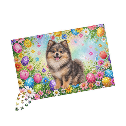 Pomeranian (Chocolate Merle) Easter Puppy Puzzle - Spring Garden with Eggs, Tulips, and Daisies