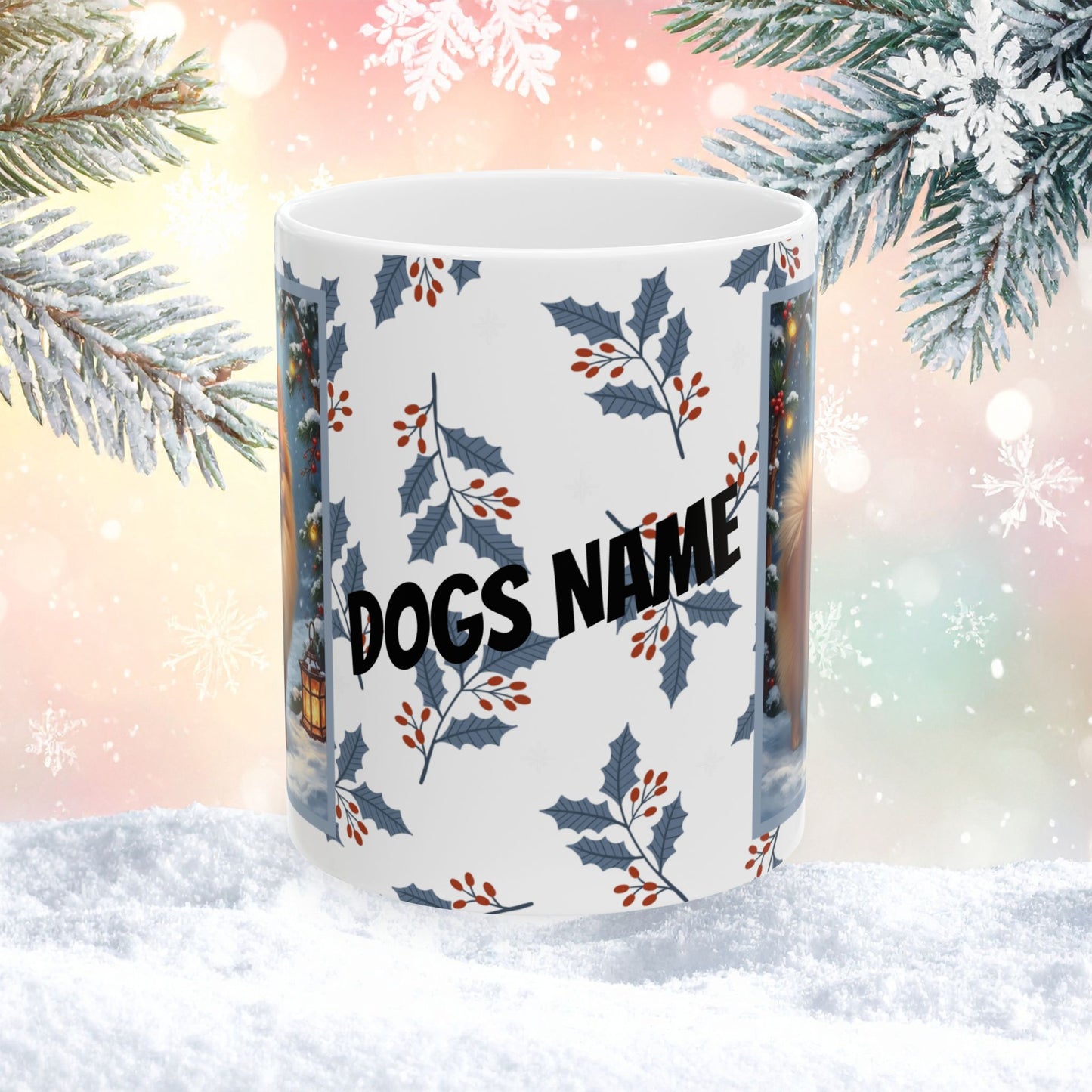 Pomeranian (Orange) Winter Mug - orange pomeranian artwork standing in a cozy winter setting with snow
