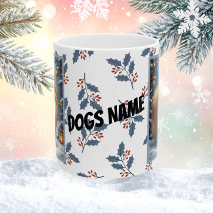 Pomeranian (Orange) Winter Mug - orange pomeranian artwork standing in a cozy winter setting with snow