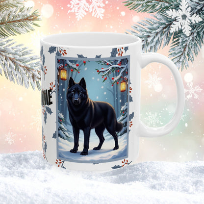 Husky (Black) Winter Mug - black husky illustrated standing calmly in a snowy winter scene with seasonal background