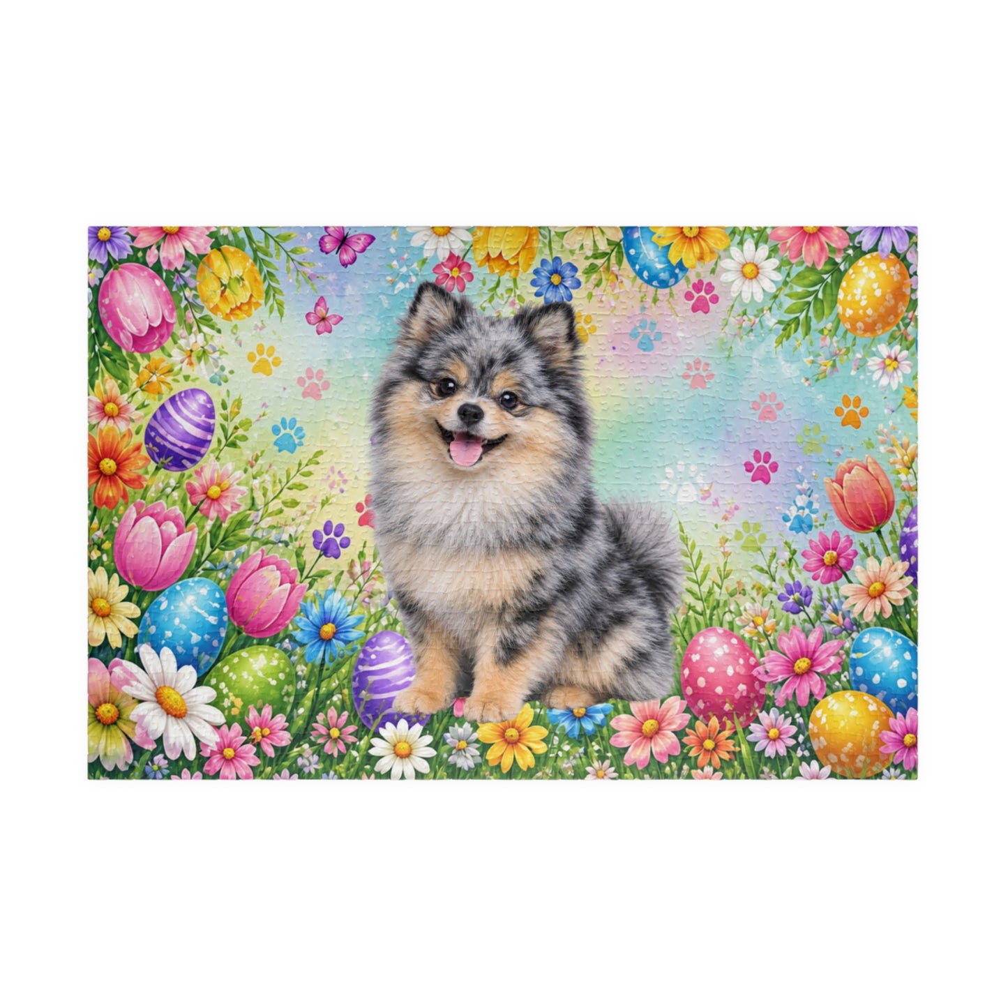 Pomeranian (Blue Merle) Easter Puppy Puzzle - Spring Garden with Eggs, Tulips, and Daisies