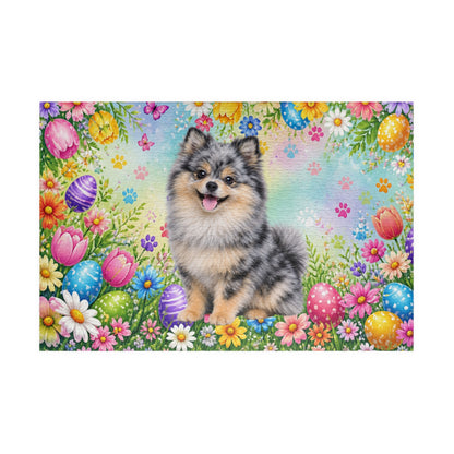 Pomeranian (Blue Merle) Easter Puppy Puzzle - Spring Garden with Eggs, Tulips, and Daisies