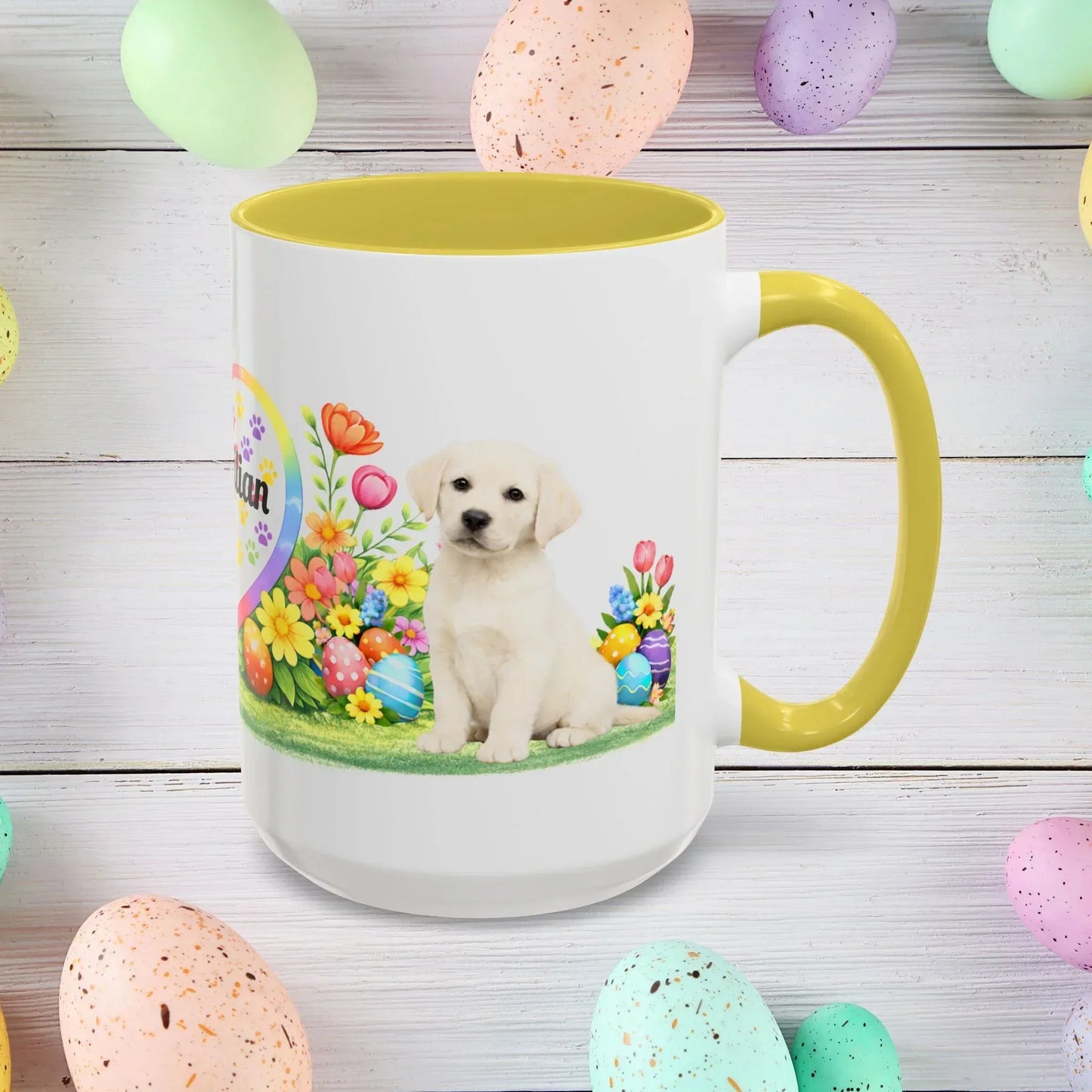 Shop our premium labrador retriever yellow creamy white puppy easter mug from MySisterIsASurvivor.