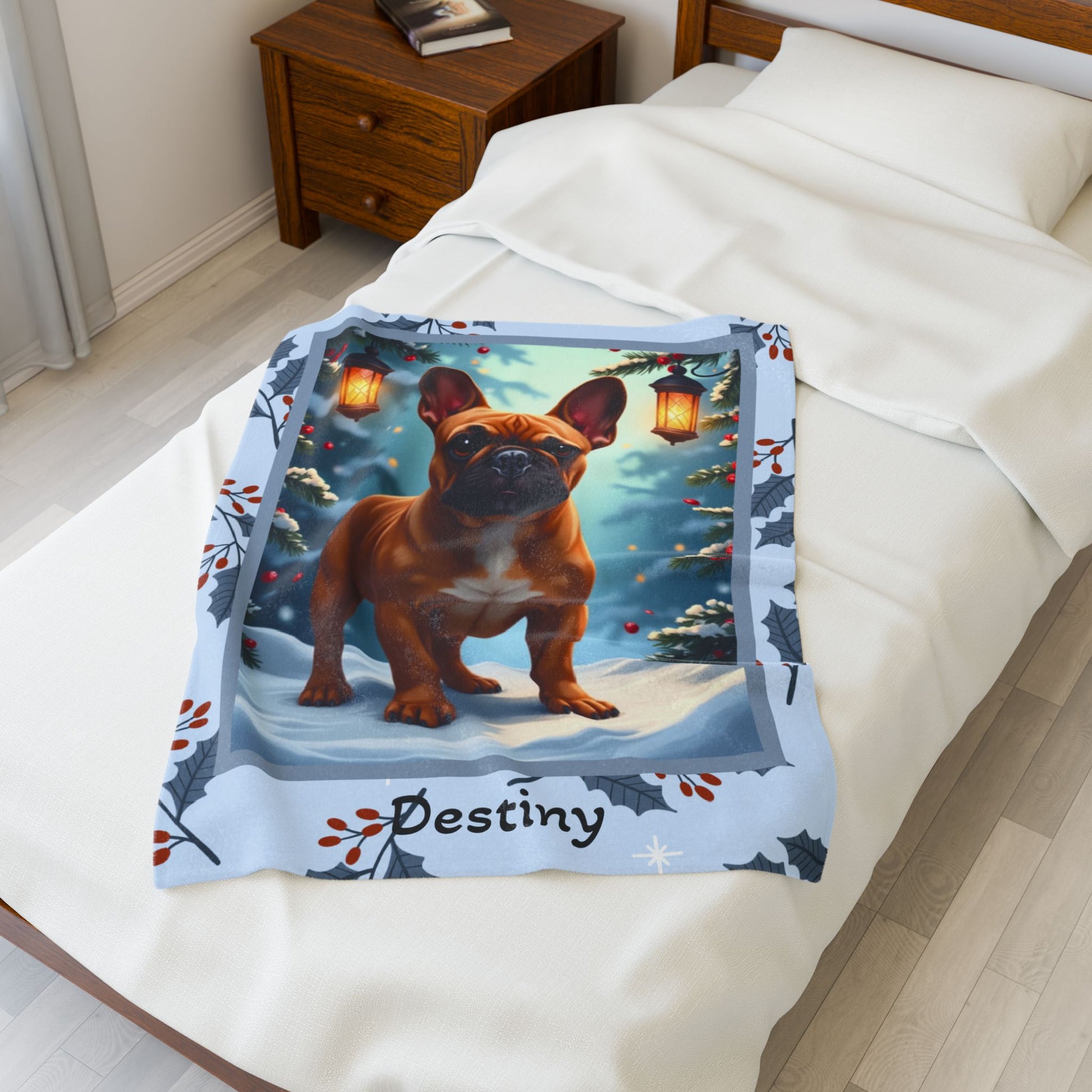 French Bulldog Red Fawn personalized winter throw with adorable Frenchie art and festive snowy lodge background