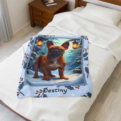 French Bulldog Red Fawn personalized winter throw with adorable Frenchie art and festive snowy lodge background