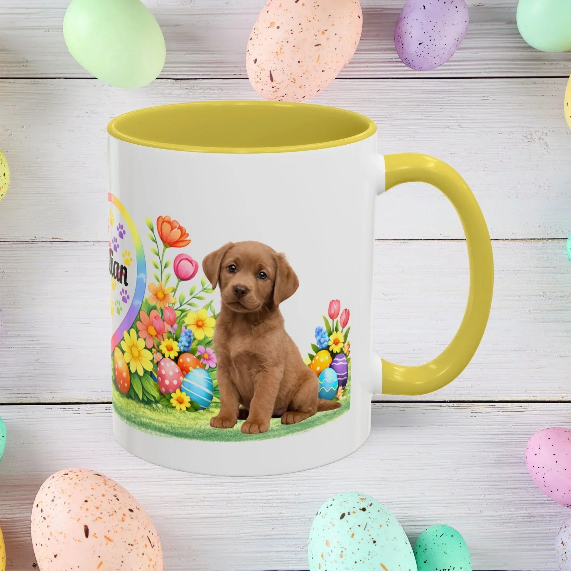 Shop our labrador retriever chocolate light puppy easter mug featuring the 15oz style option from MySisterIsASurvivor.