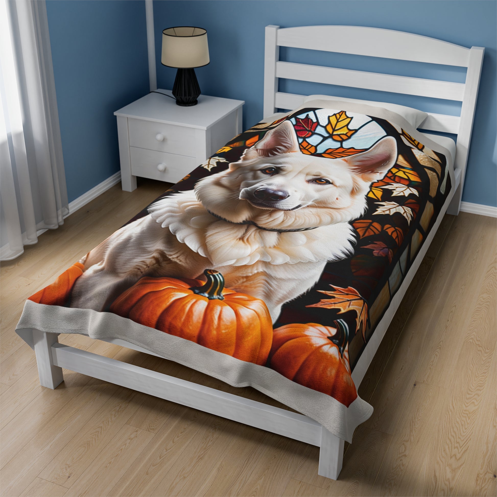 Colorful White German Shepherd plush blanket with stained glass pattern, velveteen throw for dog lovers