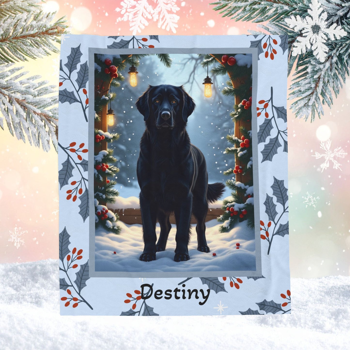 Golden Retriever Black custom winter blanket with friendly Golden Retriever artwork in a glowing lodge scene