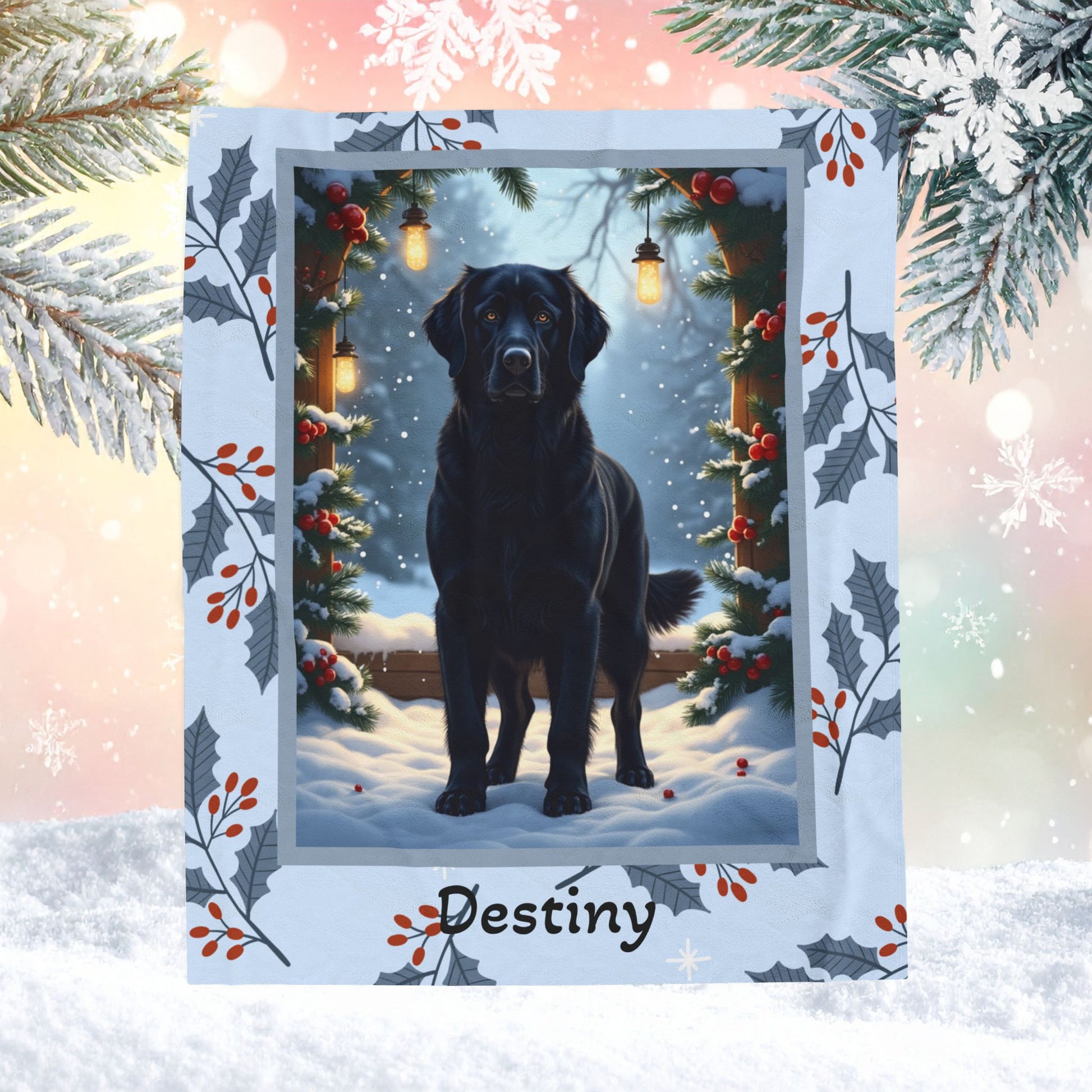 Golden Retriever Black custom winter blanket with friendly Golden Retriever artwork in a glowing lodge scene