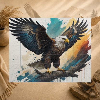 Inspirational Eagle Flight - Full-Body Bald Eagle Puzzle with Wings Spread on Watercolor Splash Background