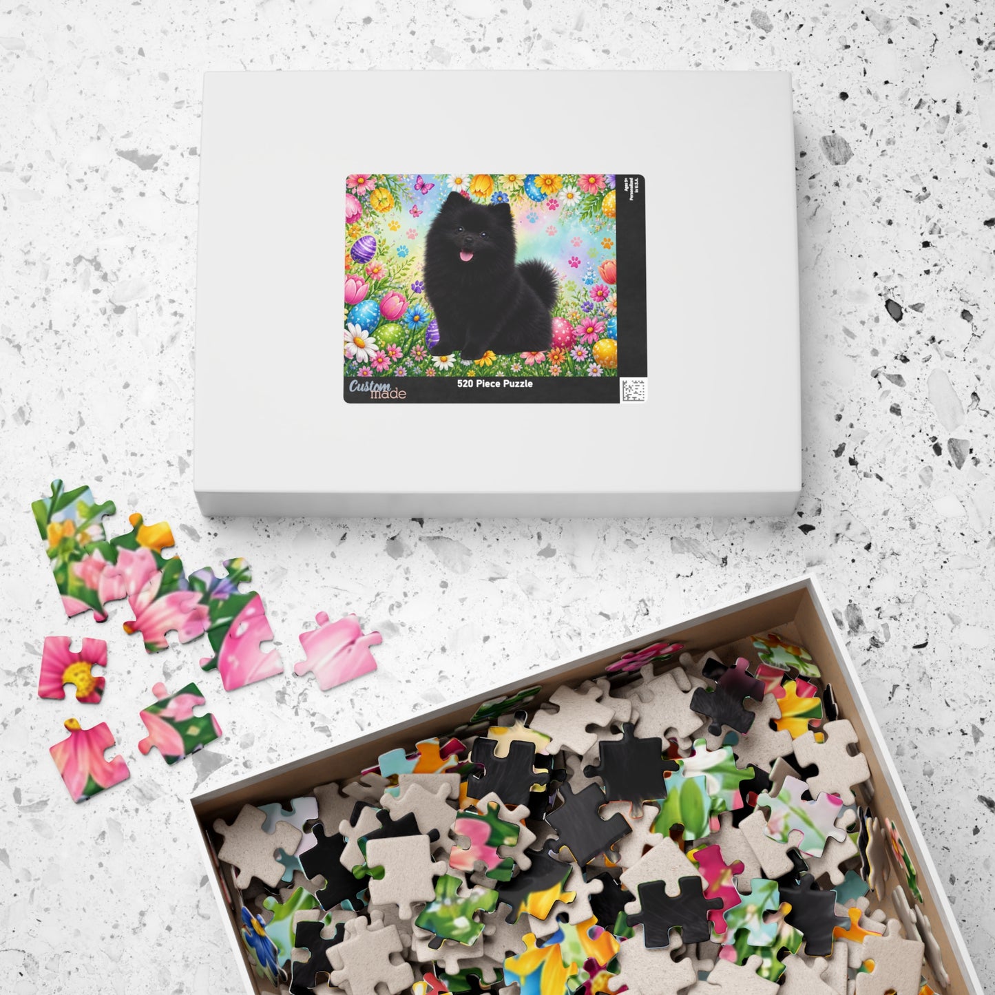 Pomeranian (Black) Easter Puppy Puzzle - Spring Garden with Eggs, Tulips, and Daisies