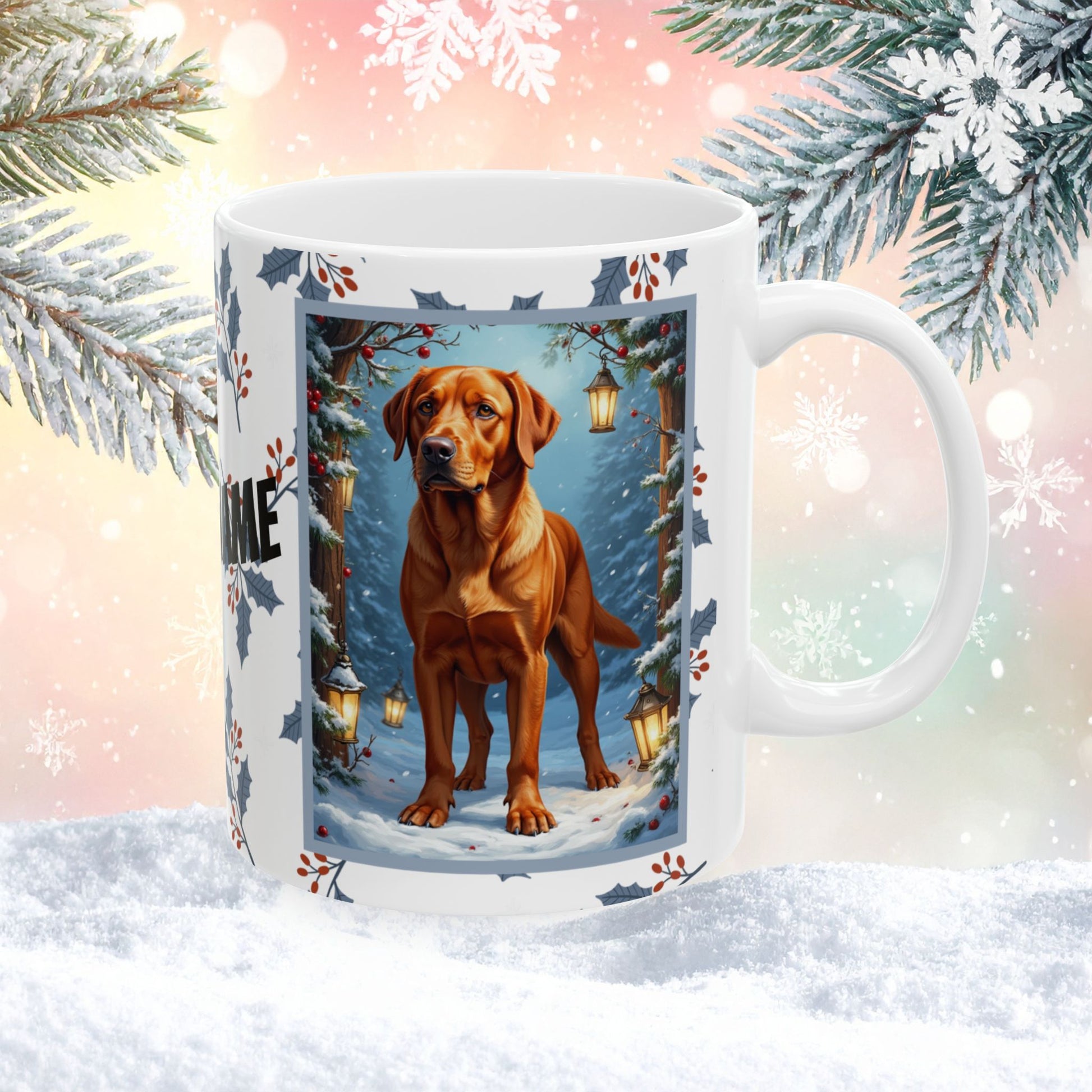 Labrador Retriever (Fox Red) Winter Mug - fox red labrador retriever artwork standing in a winter scene with pine trees