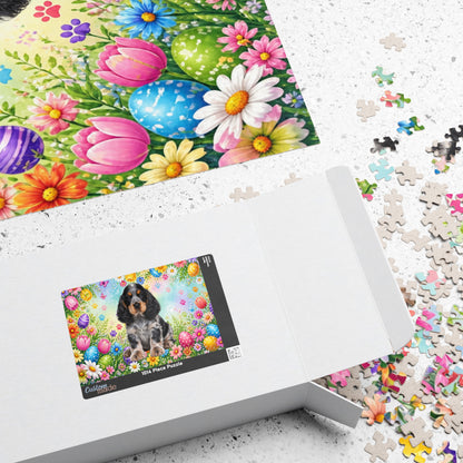 American Cocker Spaniel (Blue Roan) Easter Puppy Puzzle - Spring Garden with Eggs, Tulips, and Daisies