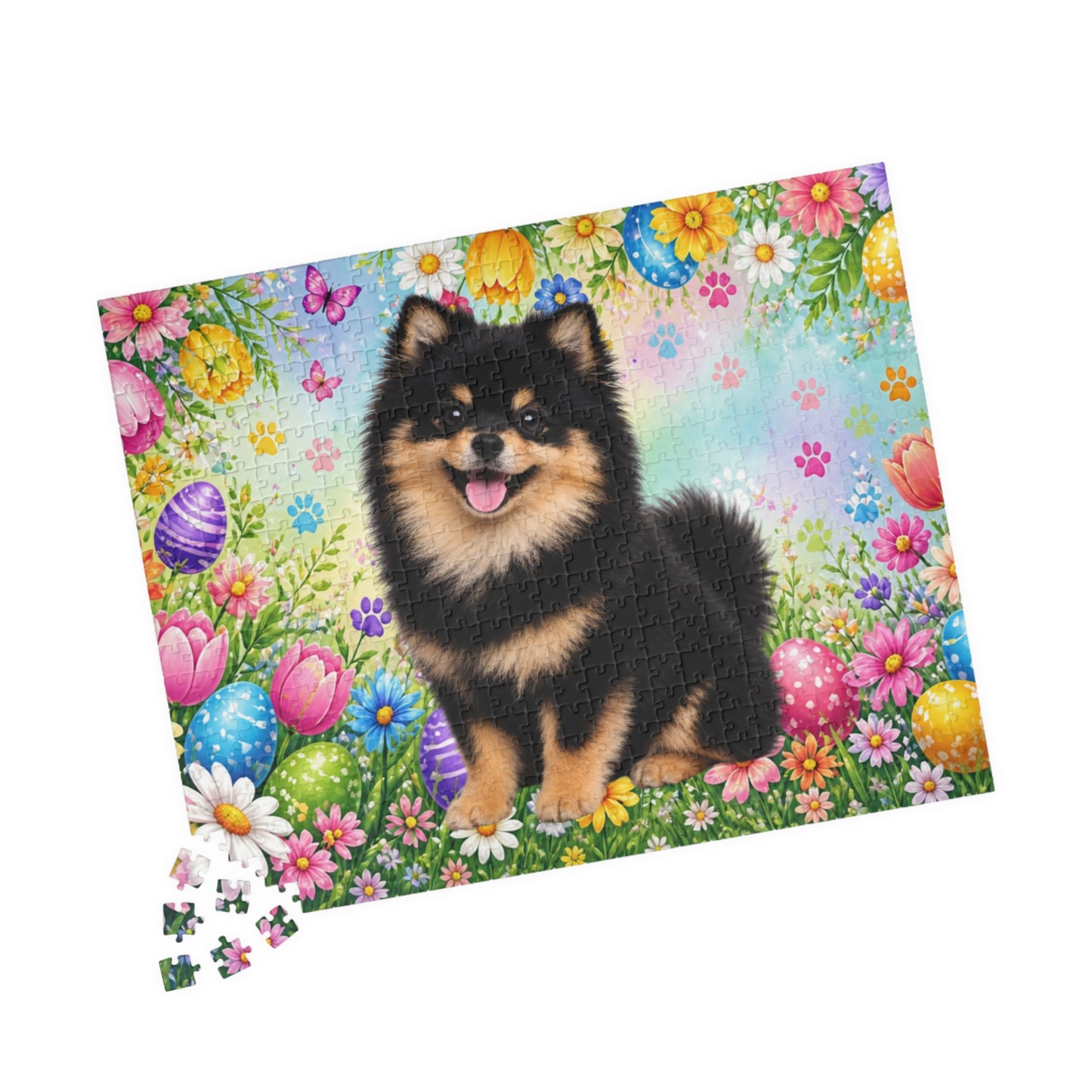 Pomeranian (Black & Tan) Easter Puppy Puzzle - Spring Garden with Eggs, Tulips, and Daisies