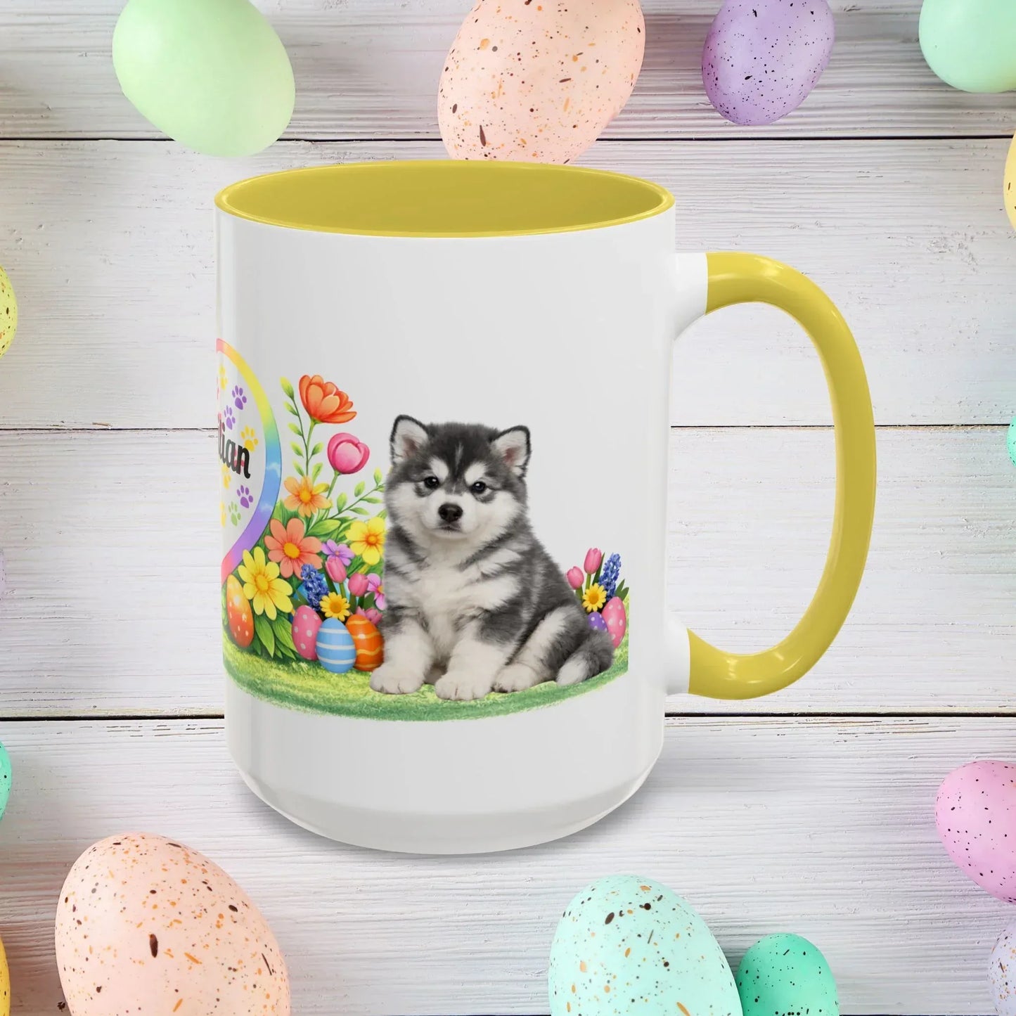 Shop our premium alaskan malamute blue white puppy easter mug from MySisterIsASurvivor.