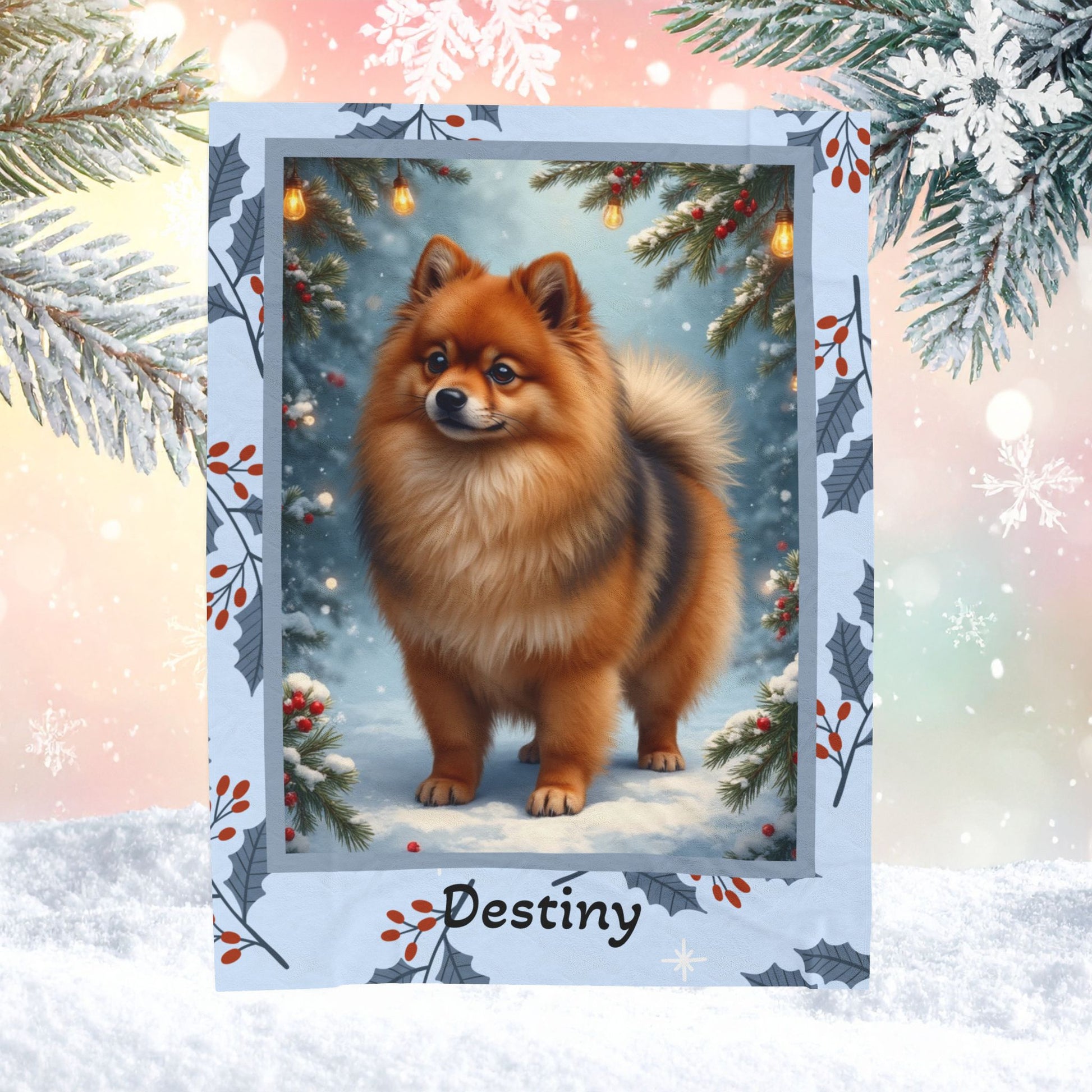 Pomeranian Orange Sable custom winter blanket showing a fluffy Pom in a bright snowy lodge illustration