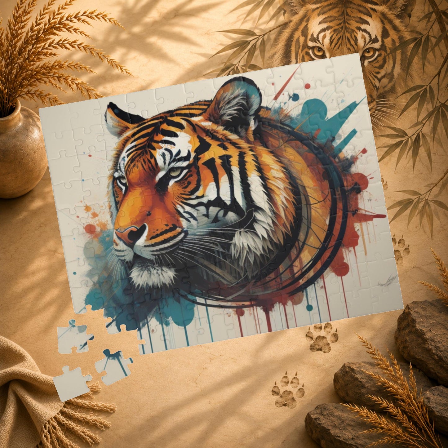 The Resilient Tiger - Expressive Tiger Puzzle with Circular Brushstroke and Paint Drips on White