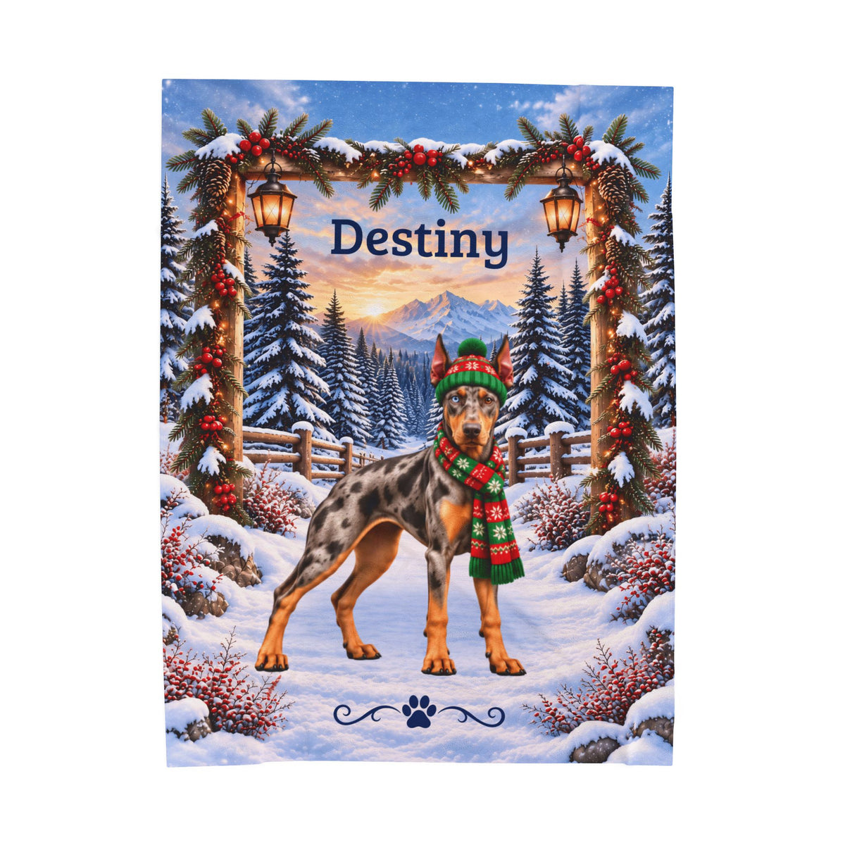 Doberman (Merle Coat) - Personalized Winter Blanket, Lantern-Lit Woodland Velveteen Throw