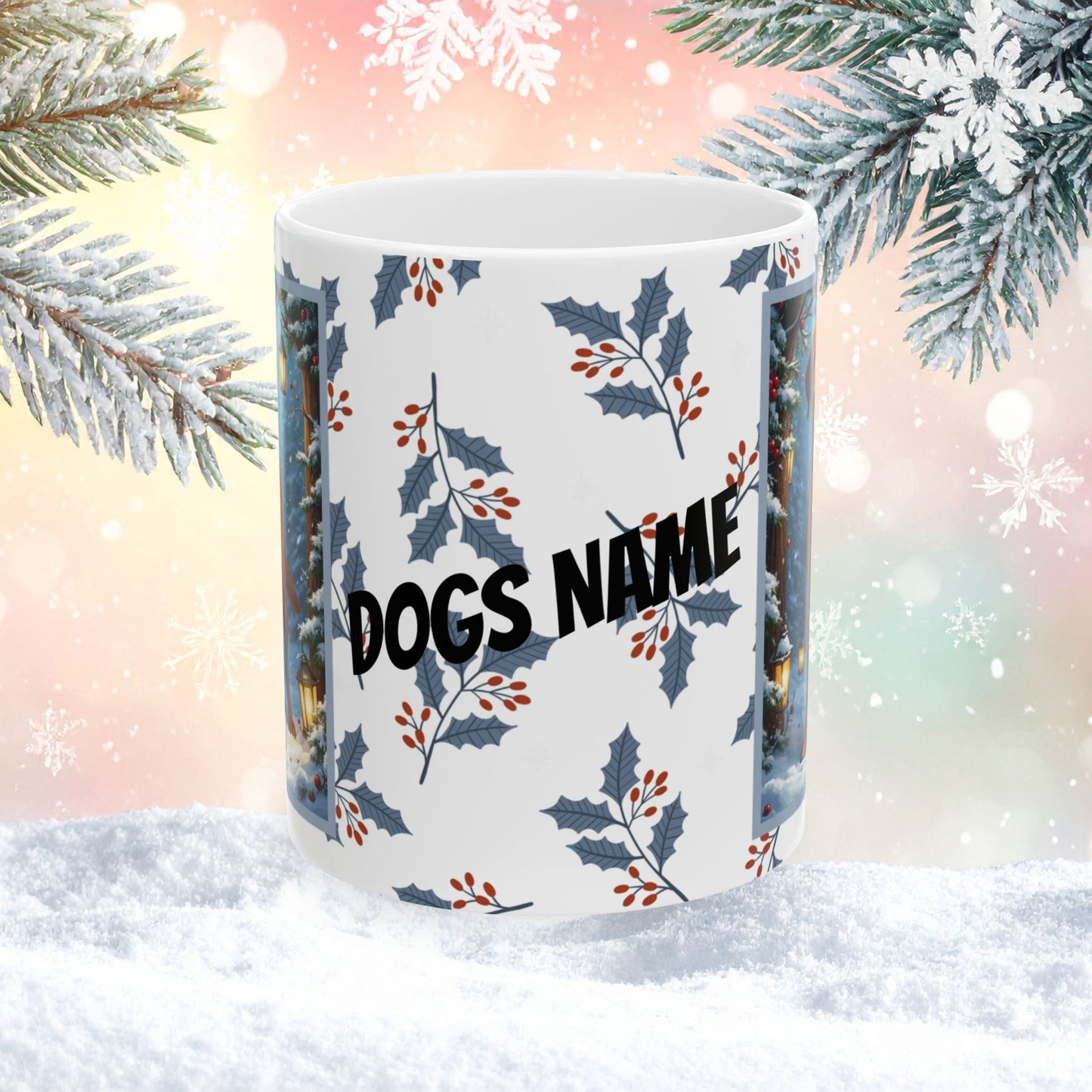 Labrador Retriever (Fox Red) Winter Mug - fox red labrador retriever artwork standing in a winter scene with pine trees