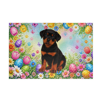 Rottweiler (Black & Rust) Easter Puppy Puzzle - Spring Garden with Eggs, Tulips, and Daisies