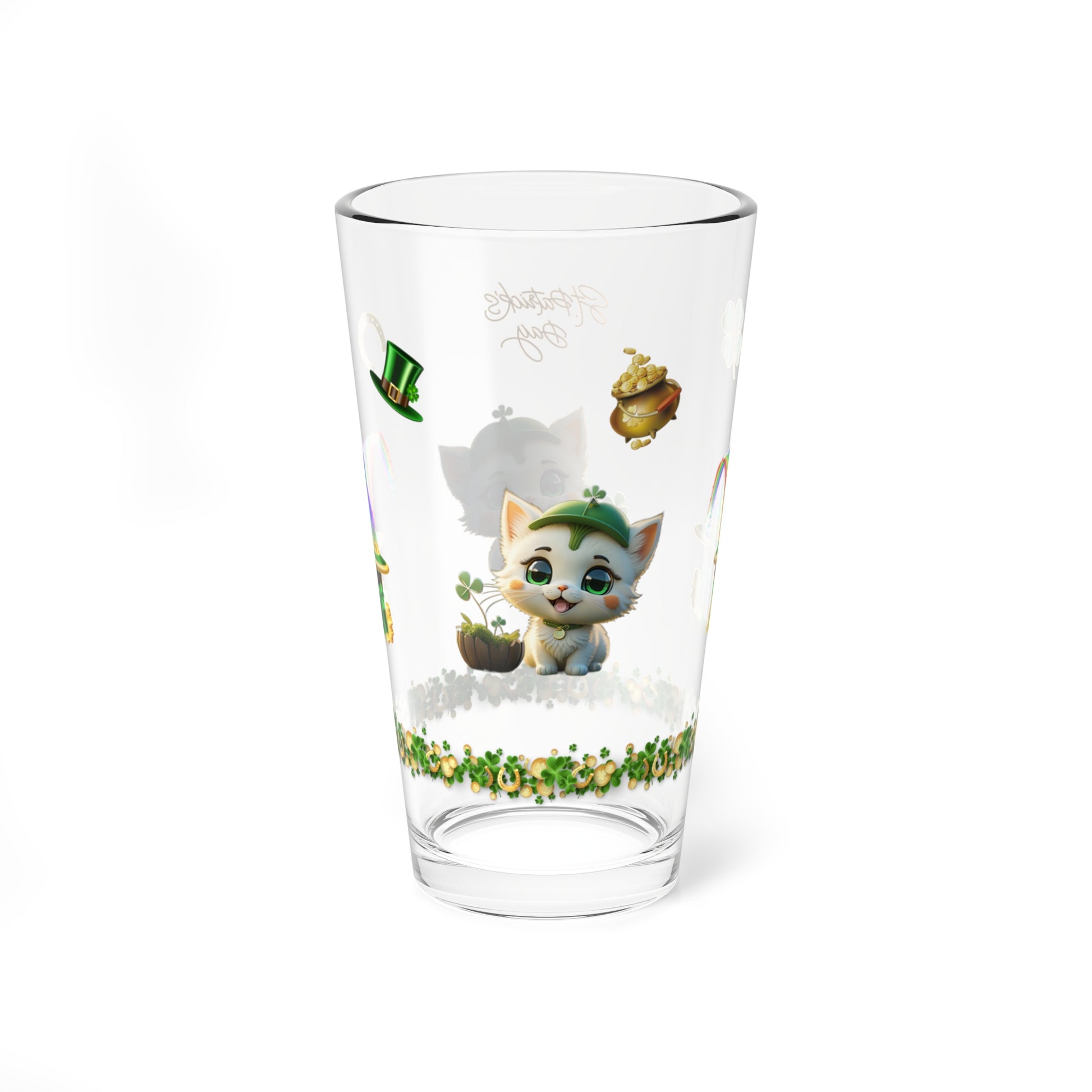 Clover Comfort Cat: Mindful St. Patrick's Day 16oz Pint Glasses - Festive Design for Positivity & Wellness
