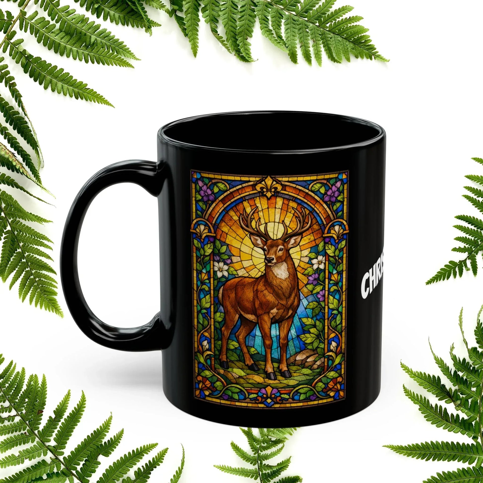 Shop our premium deer stained glass style black mug from MySisterIsASurvivor.
