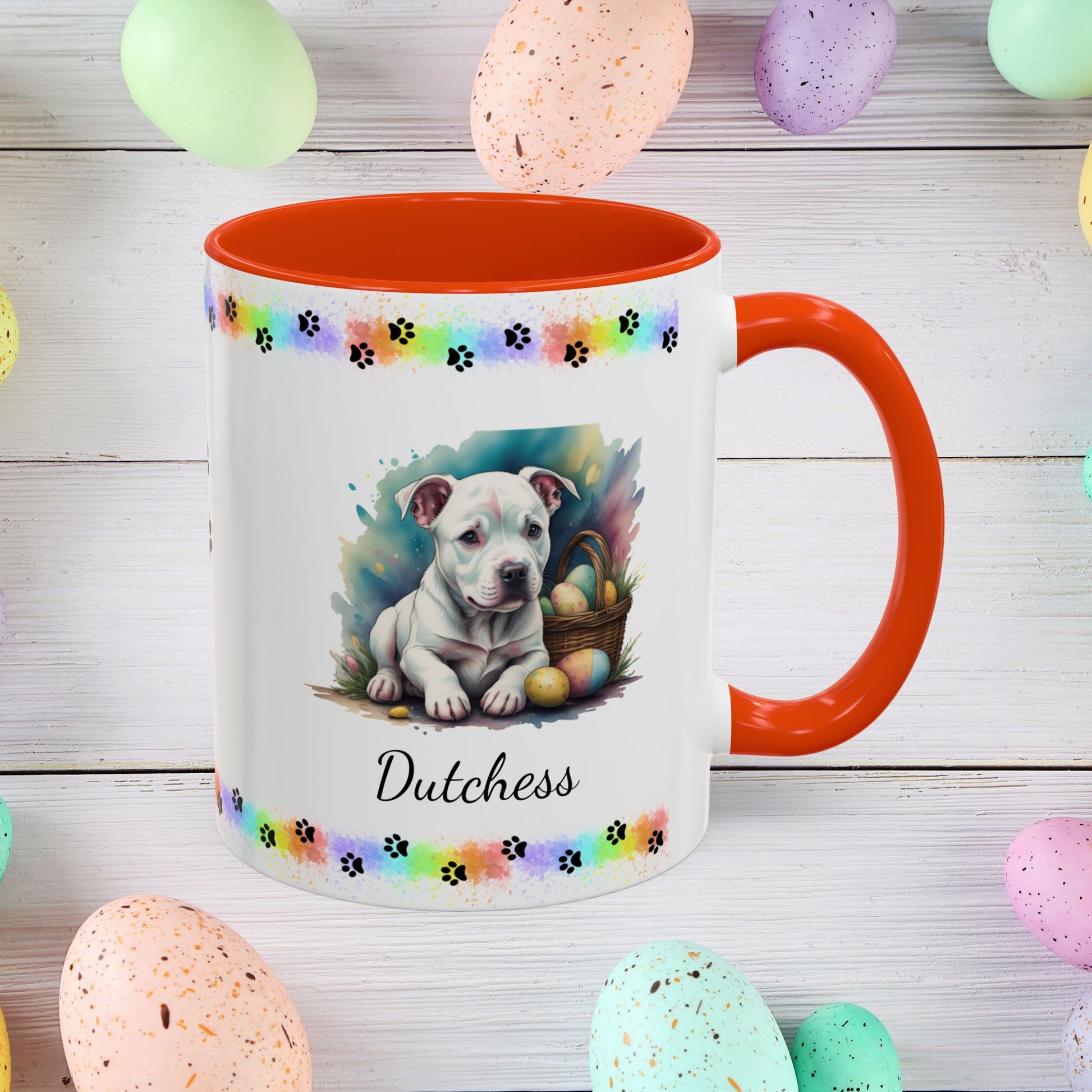 Pitbull (White): Personalized Easter Puppy Coffee Mug - Adorable Dog Design, Mental Health Gift, 11oz & 15oz, 12 Color Choices, Easter Gifts & Décor