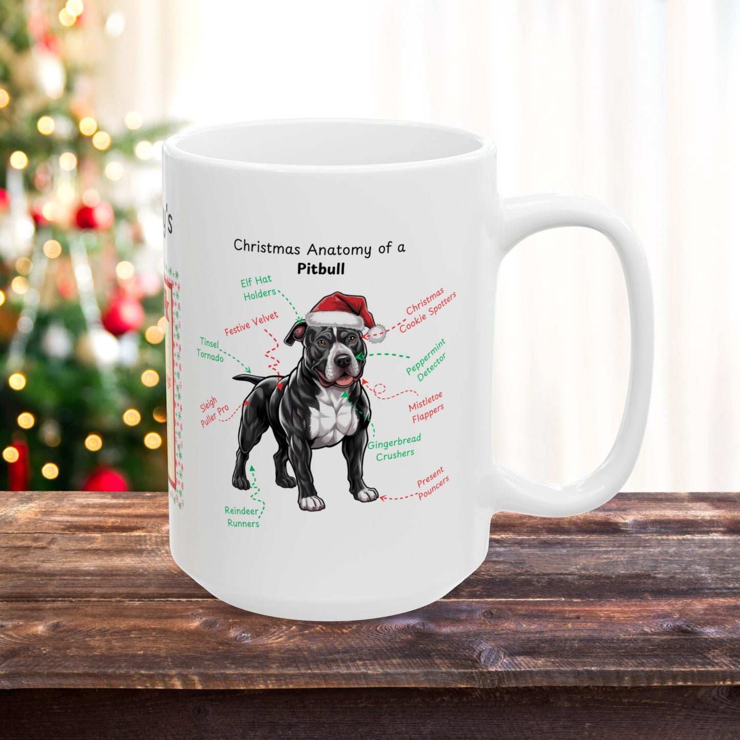 Pitbull (Black & White) Christmas mug, custom dog anatomy coffee cup, funny holiday gift for Pitbull fans