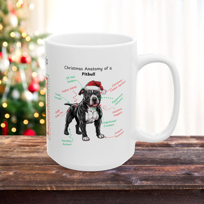 Pitbull (Black & White) Christmas mug, custom dog anatomy coffee cup, funny holiday gift for Pitbull fans