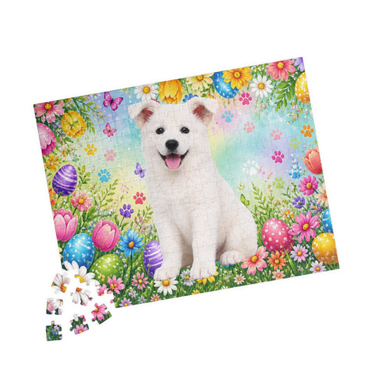 German Shepherd (White) Easter Puppy Puzzle - Tulips, Painted Eggs, and Spring Blooms