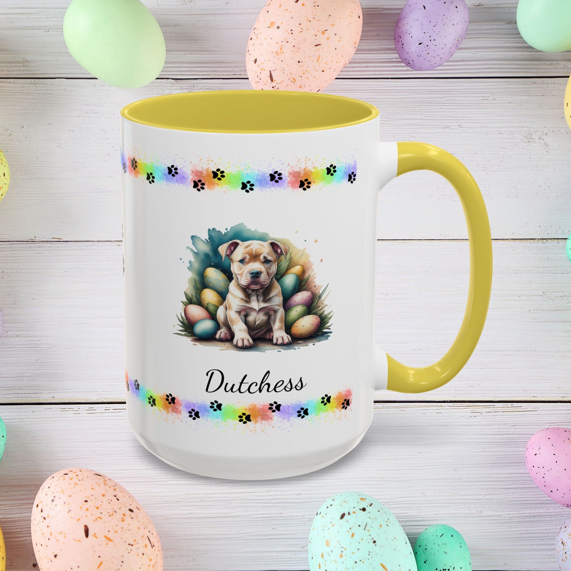 Pitbull (Tan): Personalized Easter Puppy Coffee Mug - Adorable Dog Design, Mental Health Gift, 11oz & 15oz, 12 Color Choices, Easter Gifts & Décor