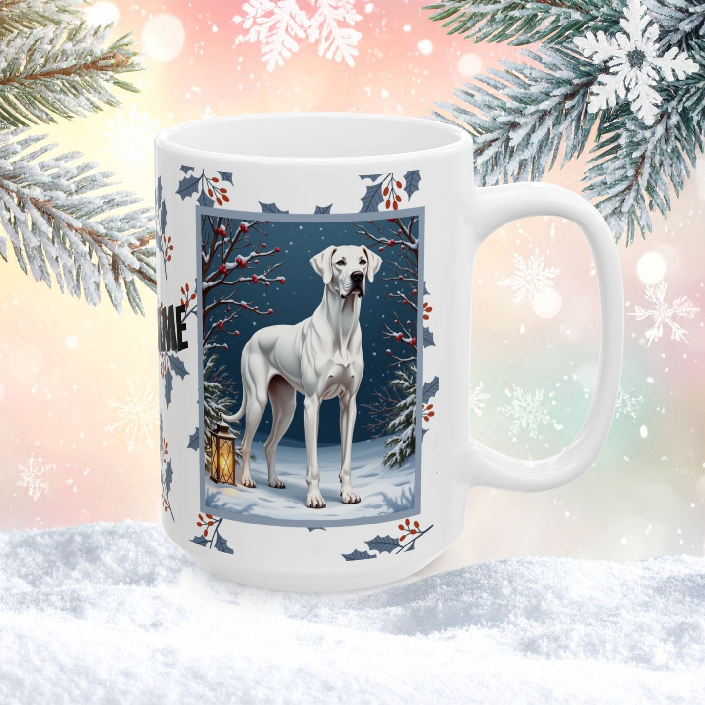 Great Dane (White) Winter Mug - white Great Dane illustrated standing in a bright winter setting with snow-covered ground