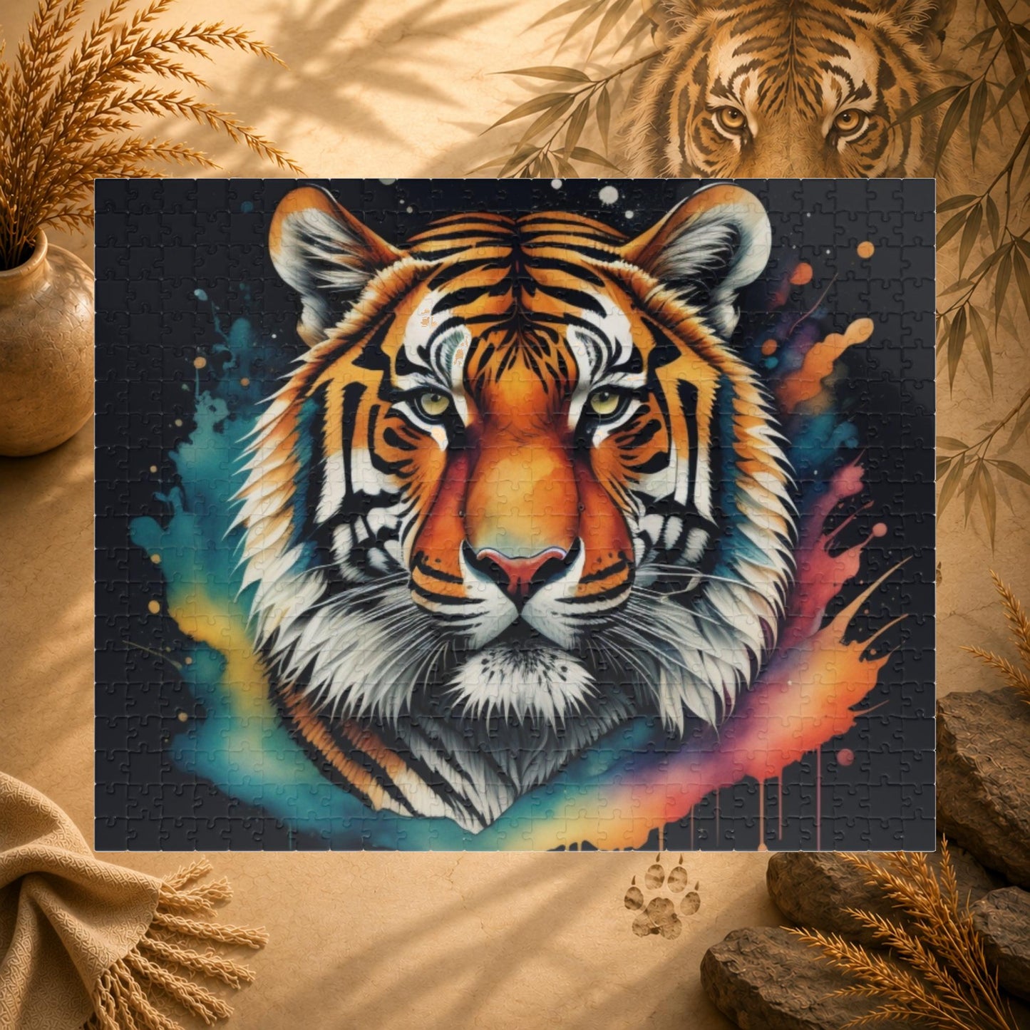 Tiger Tranquility - Front-Facing Tiger Puzzle with Cosmic Teal and Orange Splashes on Dark Background