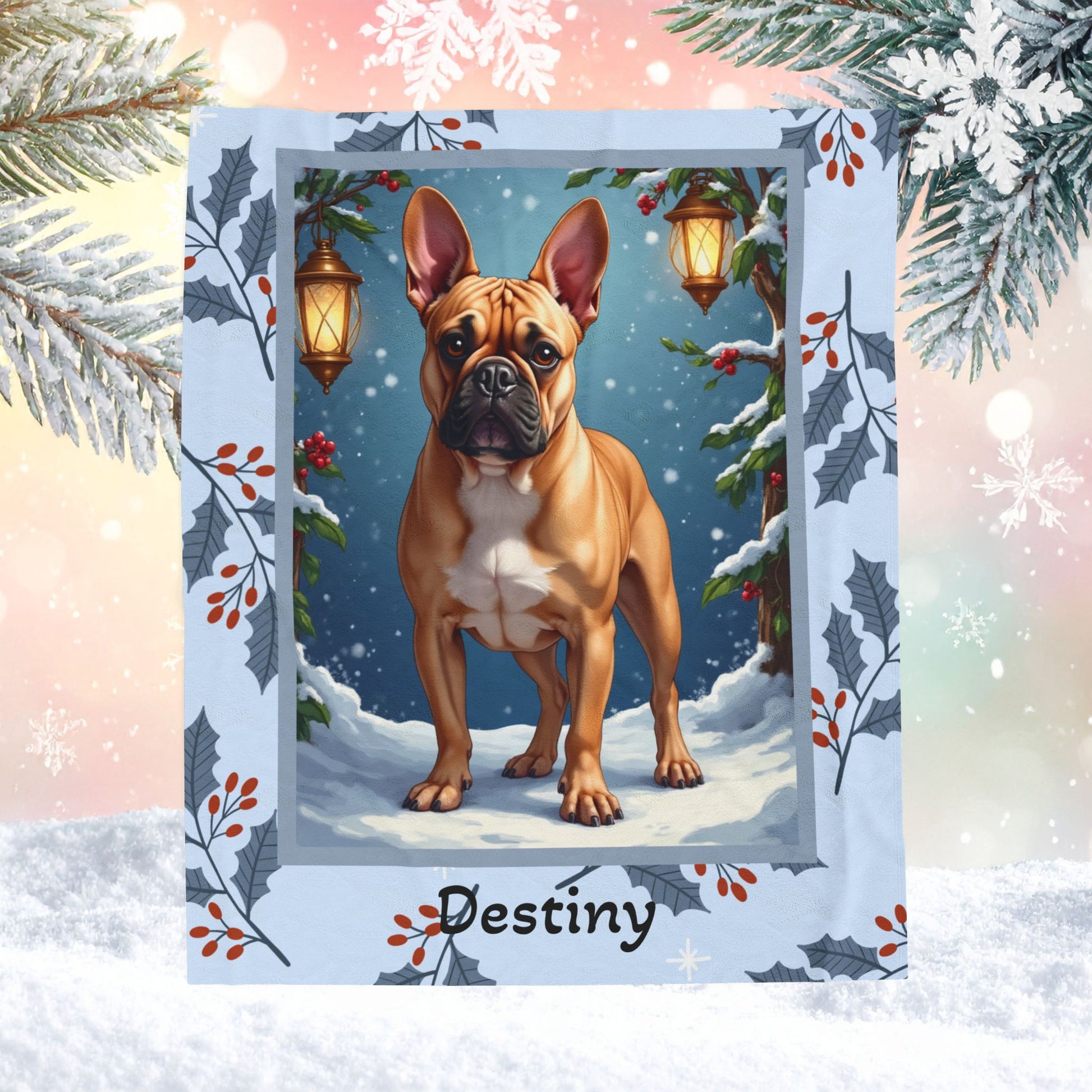 French Bulldog Fawn custom winter blanket showing a French Bulldog in a cheerful illustrated winter lodge setting